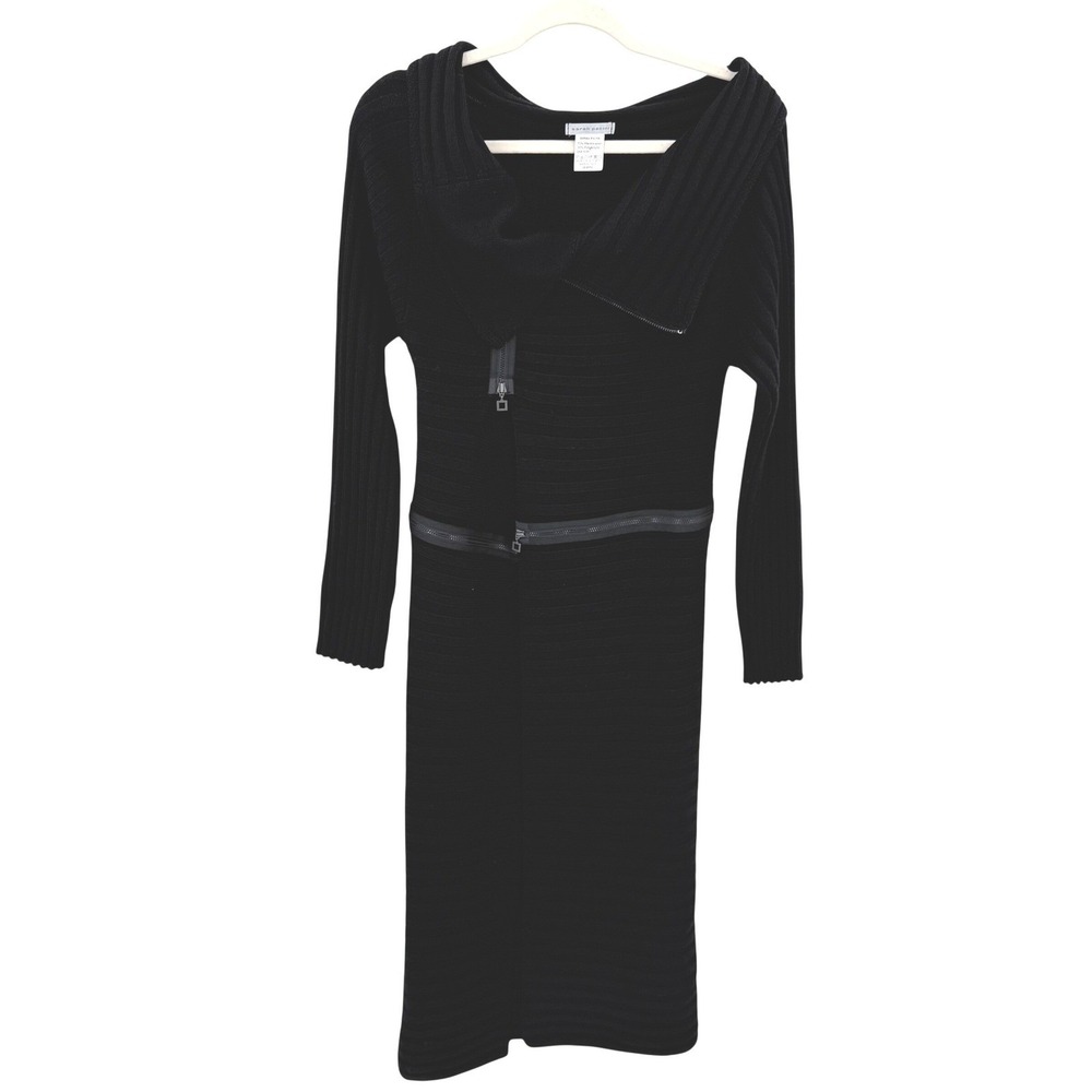 Sarah Pacini Black Merino Wool Ribbed Knit Asymmetrical Zip Midi Cardigan S
